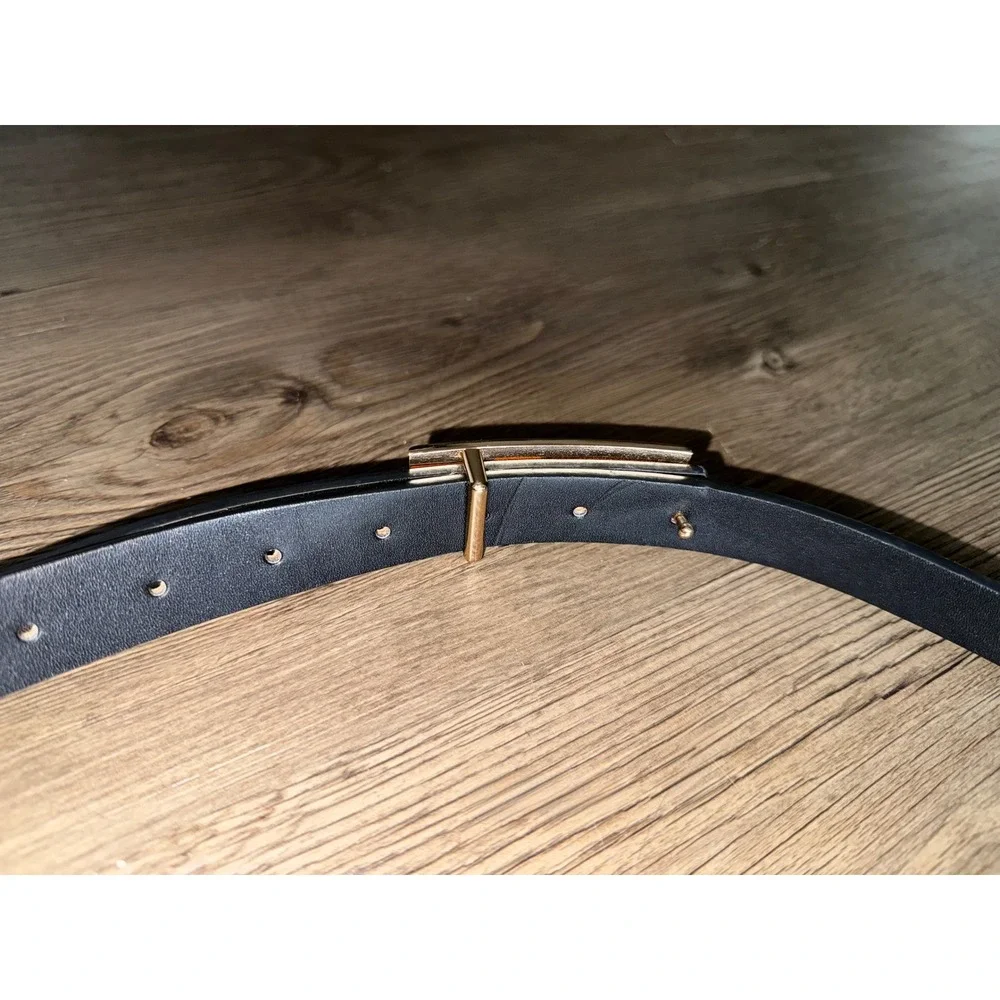 Womens Reversible Belt Tan Black Faux Leather Gold Rectangular Buckle Slim 48in